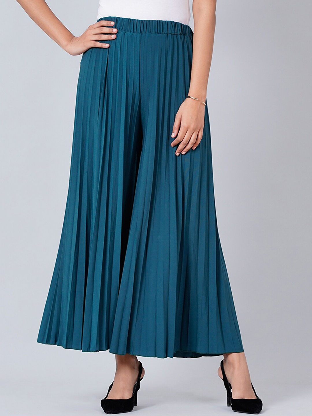 

First Resort by Ramola Bachchan Women Wide Leg Pleated Palazzo, Teal