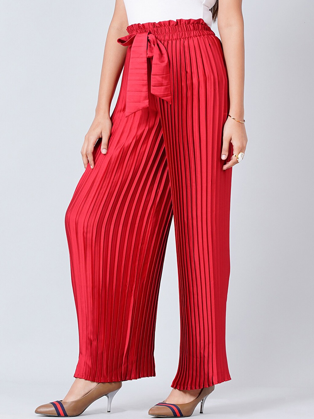 

First Resort by Ramola Bachchan Women Mid-Rise Wide Leg Pleated Palazzo, Red