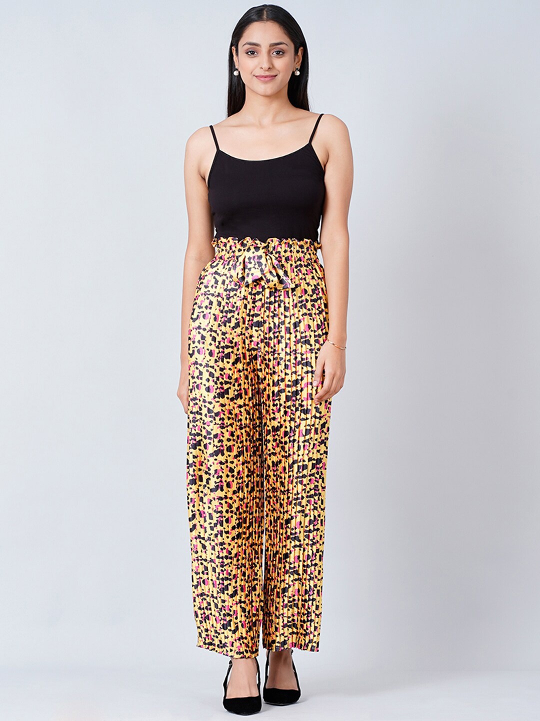 

First Resort by Ramola Bachchan Women Animal Printed Relaxed Pleated Waist Tie-Up Palazzo, Yellow