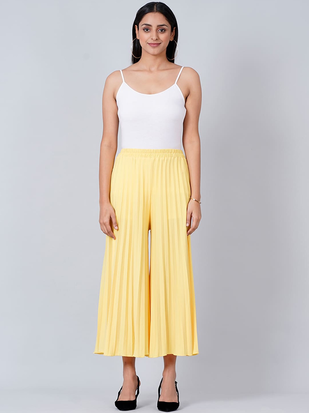 

First Resort by Ramola Bachchan Women Mid-Rise Cropped Wide Leg Pleated Palazzos, Yellow