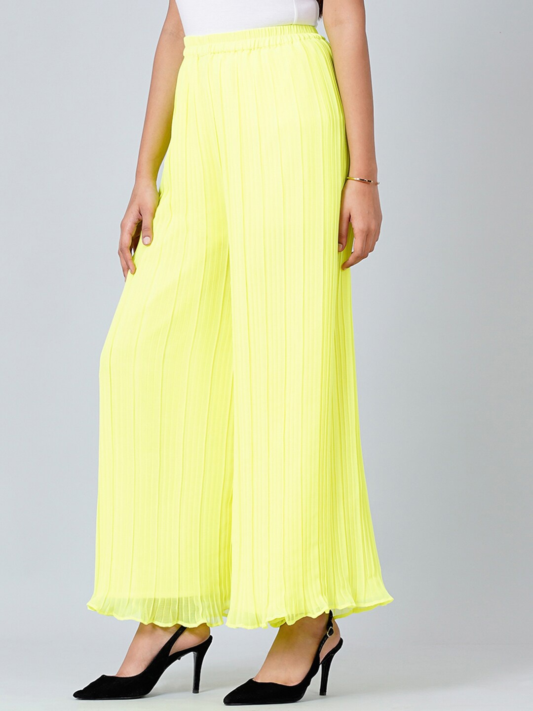 

First Resort by Ramola Bachchan Women Striped Pleated Palazzo, Fluorescent green