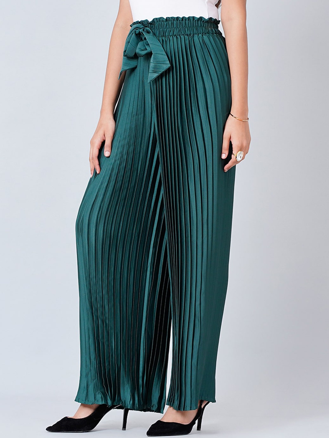 

First Resort by Ramola Bachchan Women Mid-Rise Wide Leg Accordion Pleated Palazzo, Green