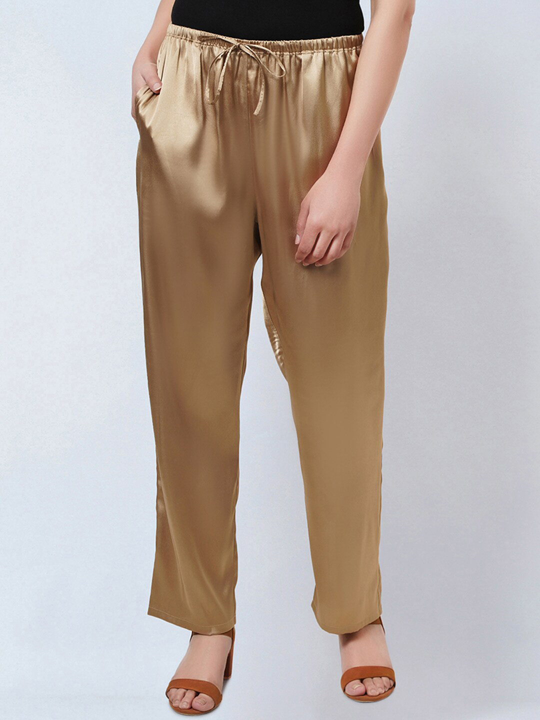 

First Resort by Ramola Bachchan Women Smart Mid Rise Regular Fit Parallel Trousers, Gold