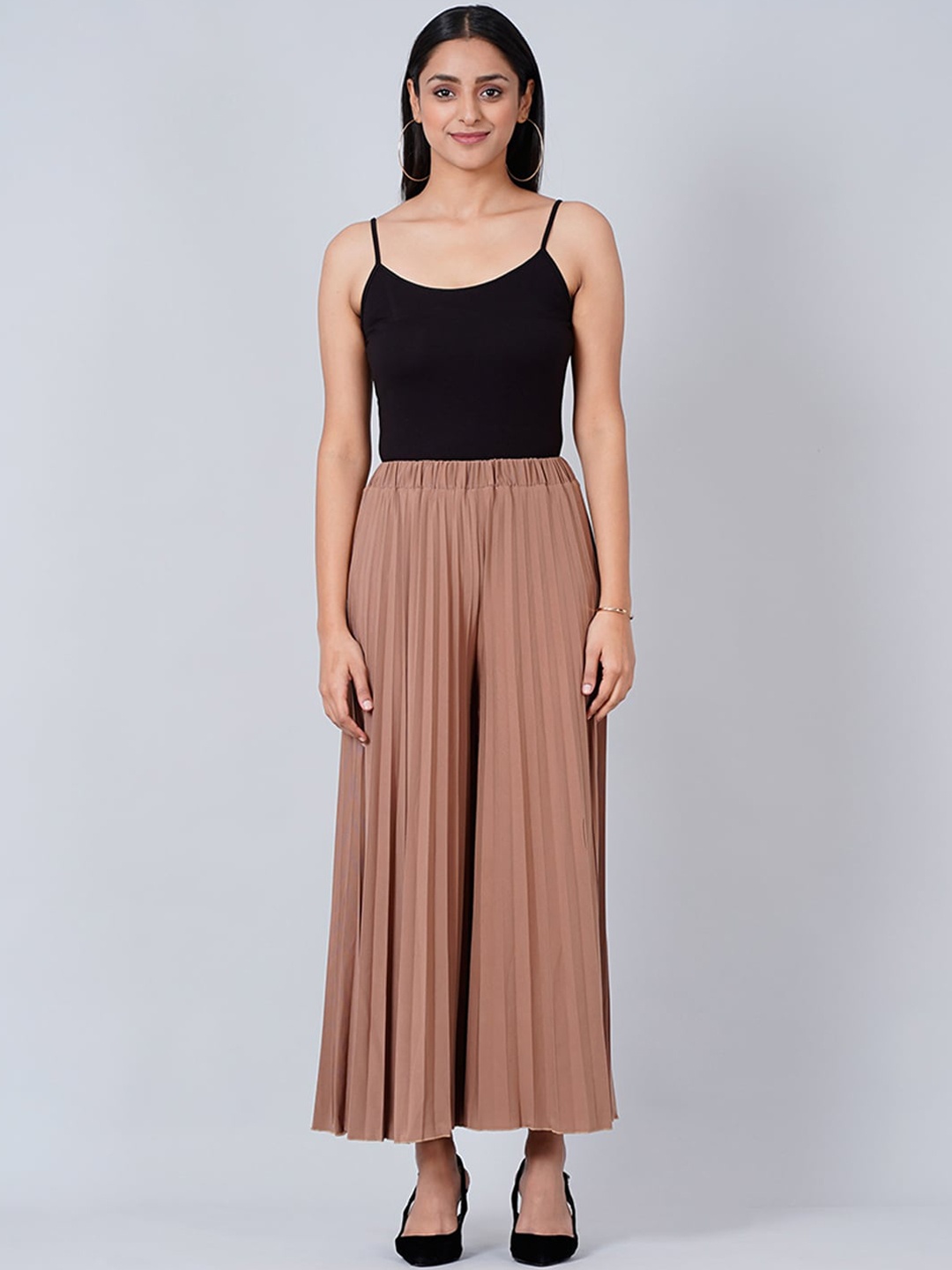 

First Resort by Ramola Bachchan Women Mid-Rise Cropped Wide Leg Pleated Palazzo, Brown