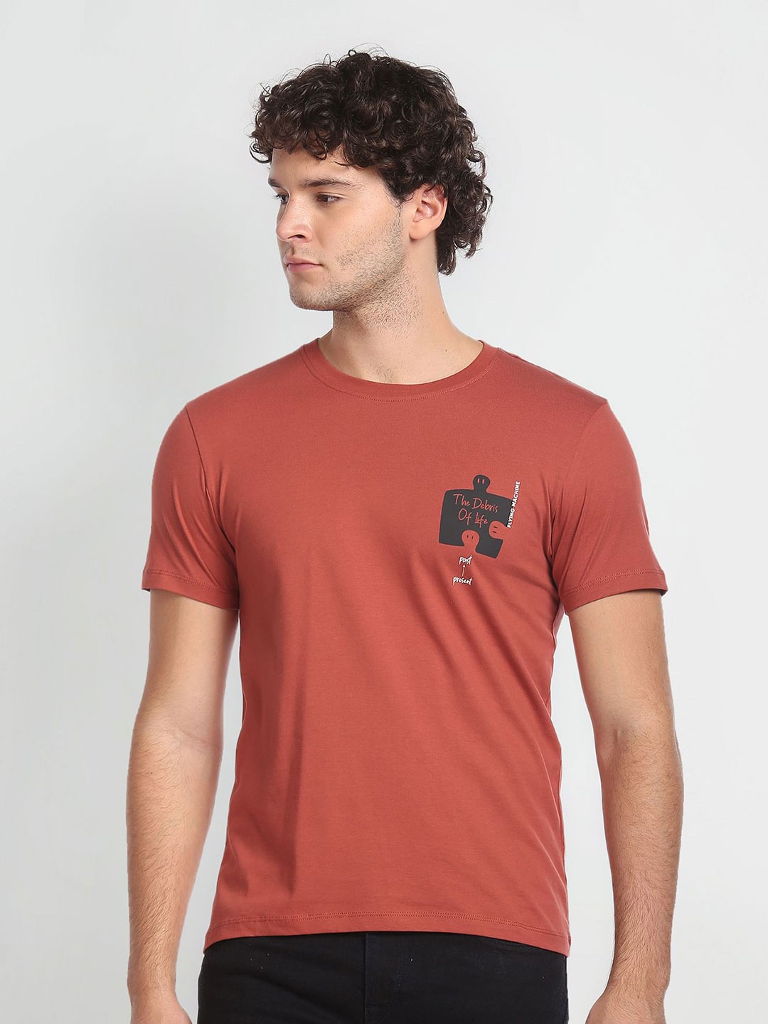 

Flying Machine Graphic Printed Pure Cotton T-shirt, Rust