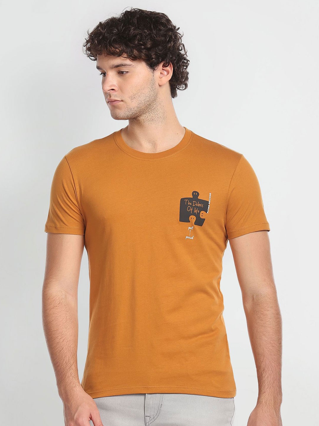 

Flying Machine Graphic Printed Pure Cotton T-shirt, Mustard