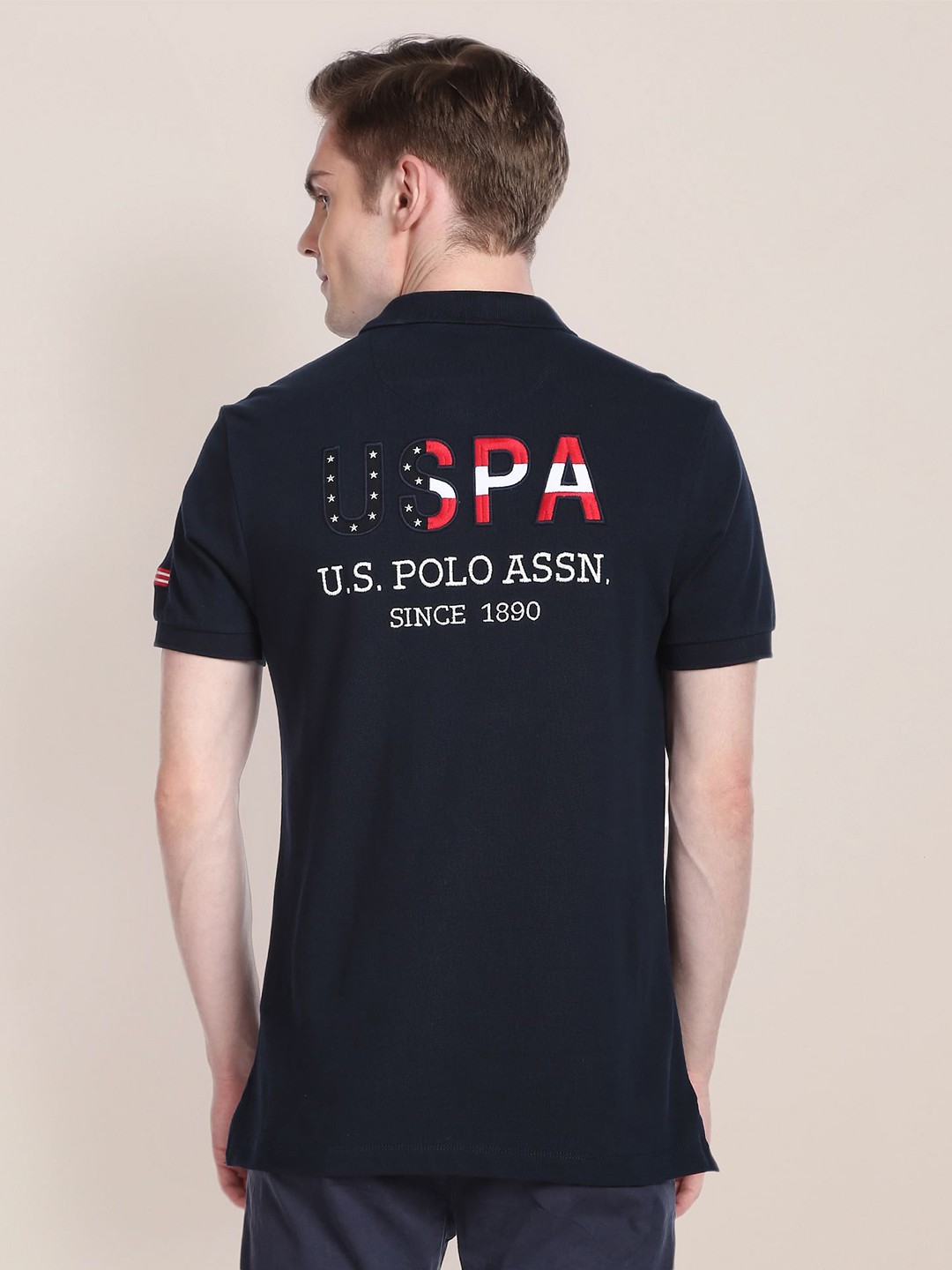 

U.S. Polo Assn. Embroidered Typography Polo Collar Slim Fit Pure Cotton T-shirt, Navy blue