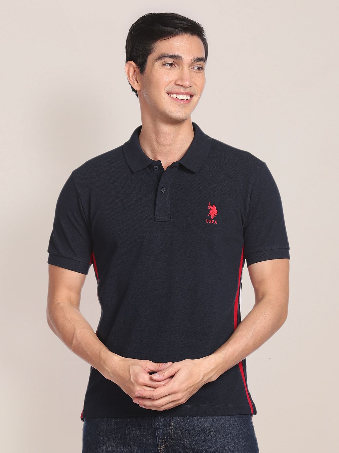 U.S. Polo Assn. Striped Polo Collar Slim Fit Pure Cotton T-shirt, Black