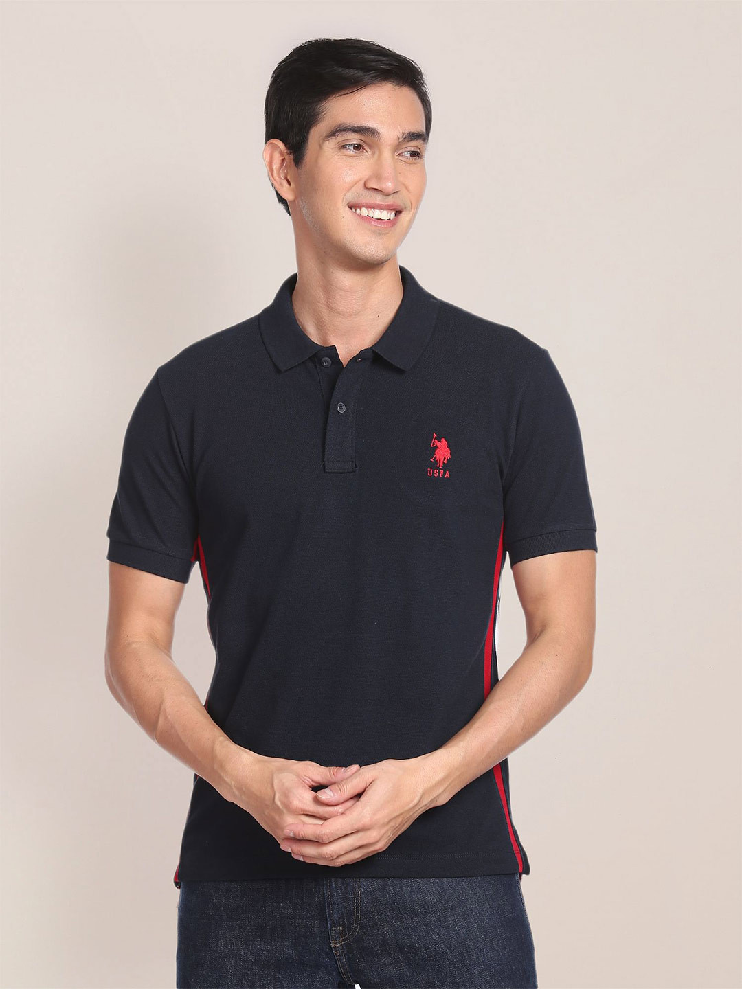 

U.S. Polo Assn. Striped Polo Collar Slim Fit Pure Cotton T-shirt, Black