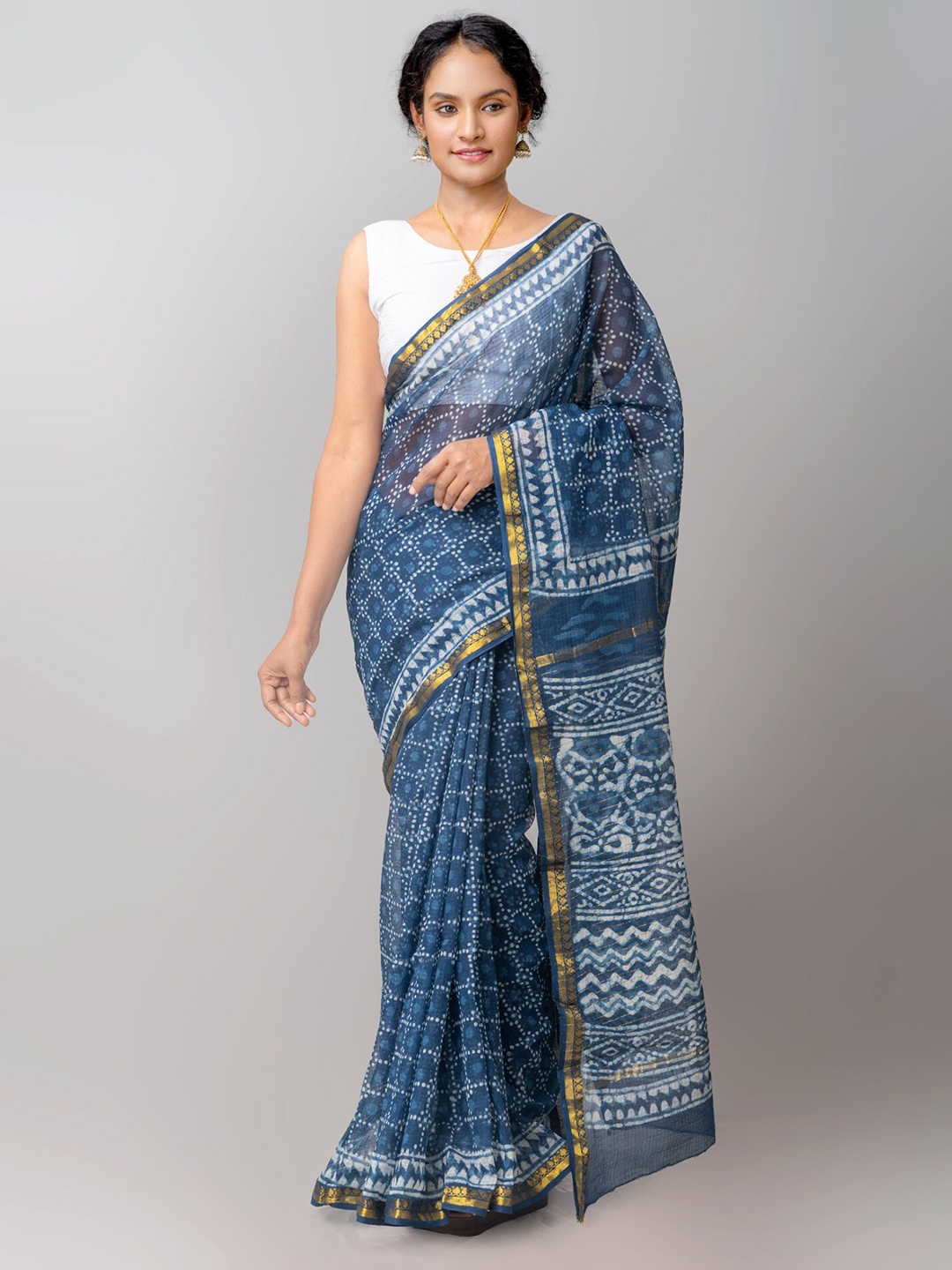 

Unnati Silks Checked Ethnic Motifs Zari Pure Cotton Kota Saree, Blue