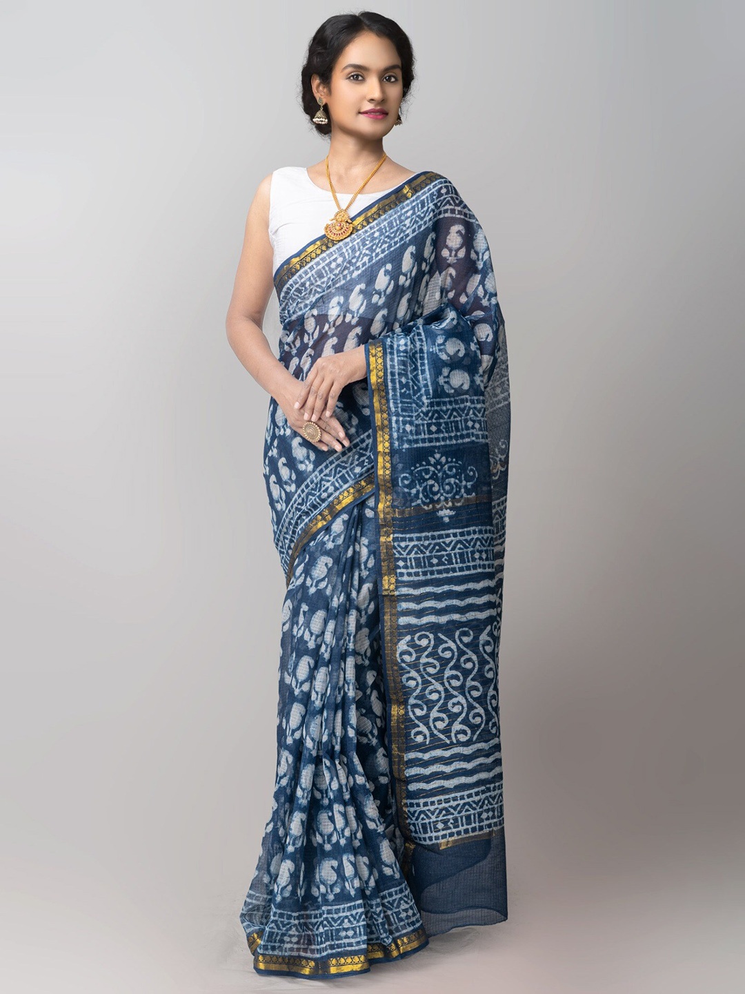 

Unnati Silks Paisley Block Printed Zari Pure Cotton Kota Saree, Blue