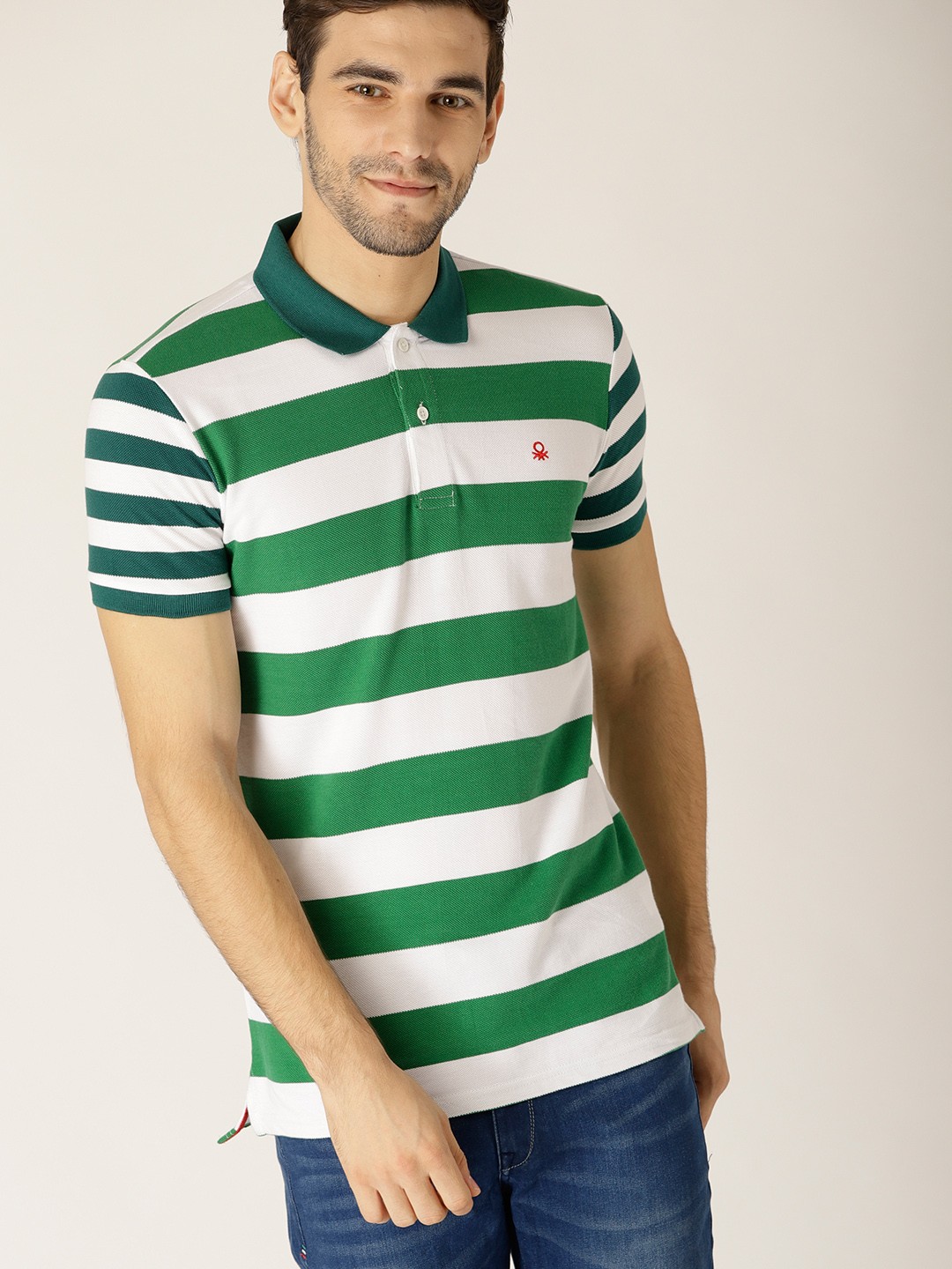 

United Colors of Benetton Men Green White Striped Polo Collar Pure Cotton T-shirt