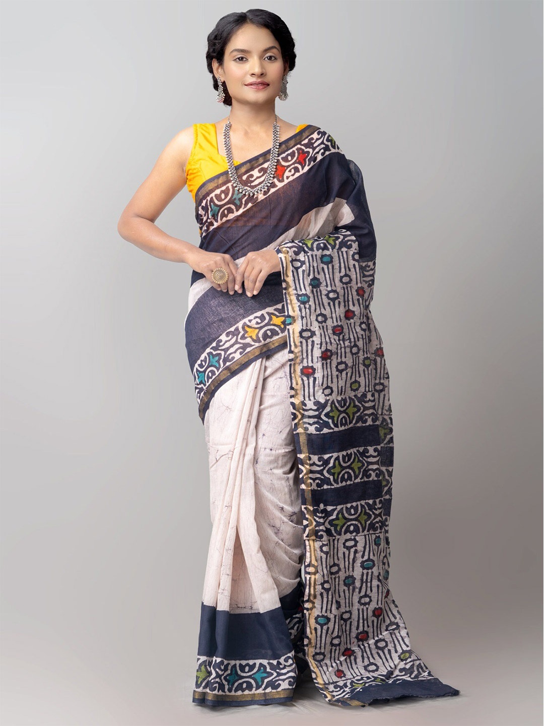 

Unnati Silks Batik Silk Cotton Chanderi Zari Saree, Black