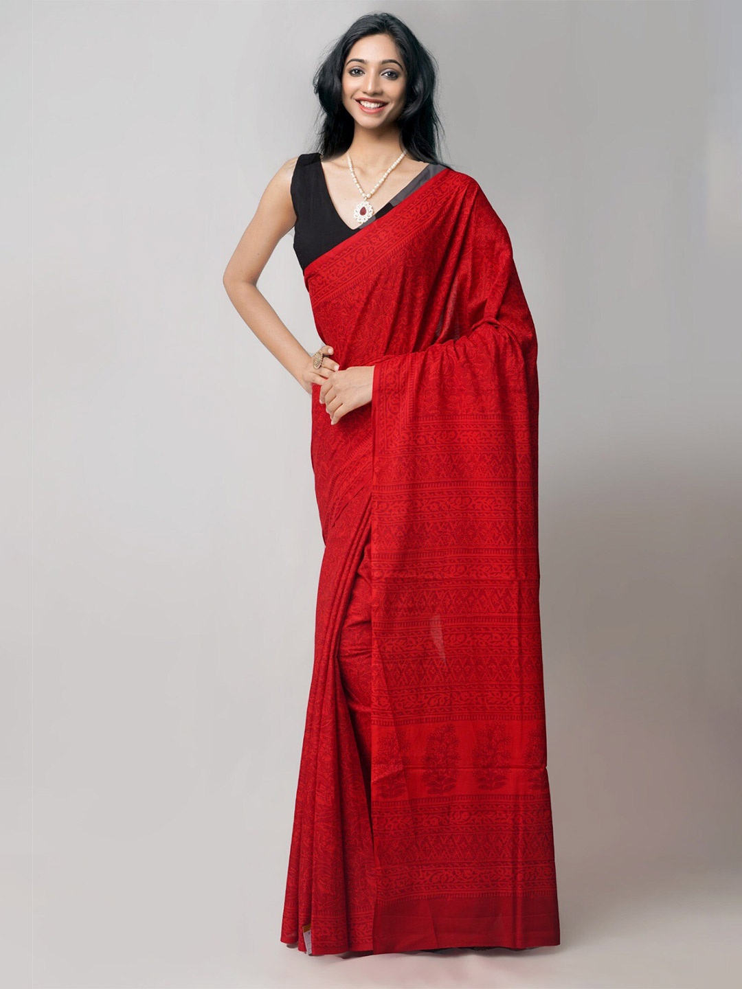 

Unnati Silks Ethnic Motif Block Print Saree With Blouse Piece, Red