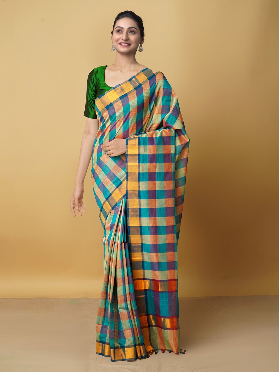 

Unnati Silks Checked Zari Pure Cotton Mangalagiri Saree, Yellow