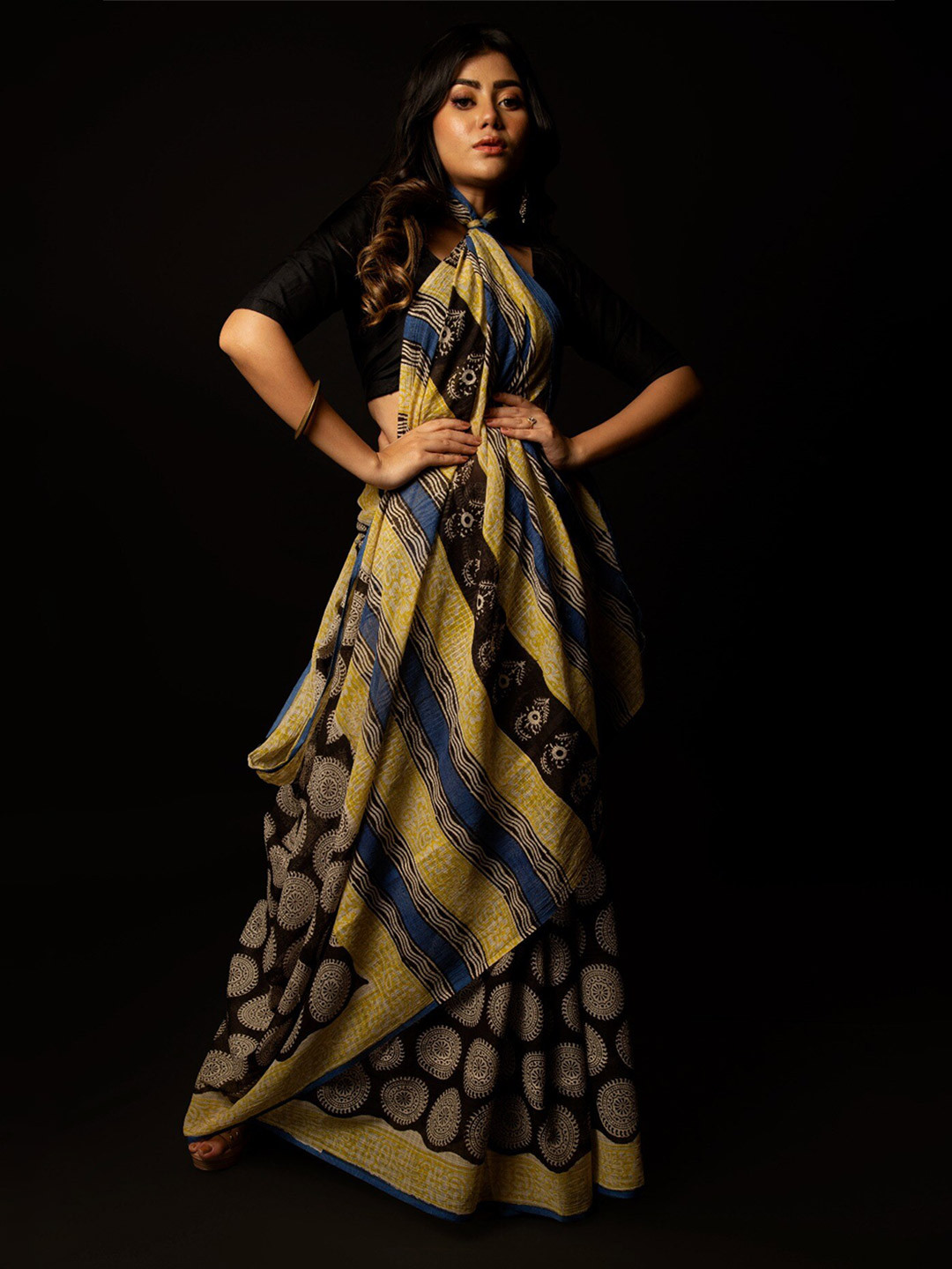 

Unnati Silks Black & Blue Ethnic Motifs Print Pure Bagru Mulmul Cotton Handloom Saree