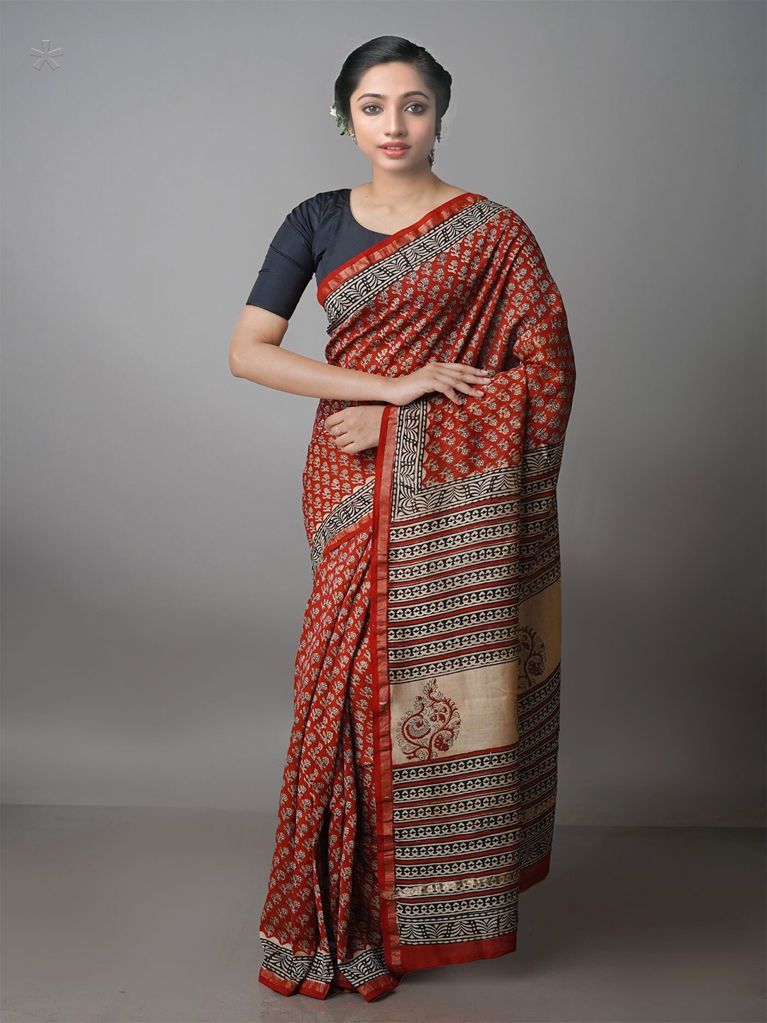 

Unnati Silks Floral Printed Zari Silk Cotton Handloom Chanderi Saree, Red
