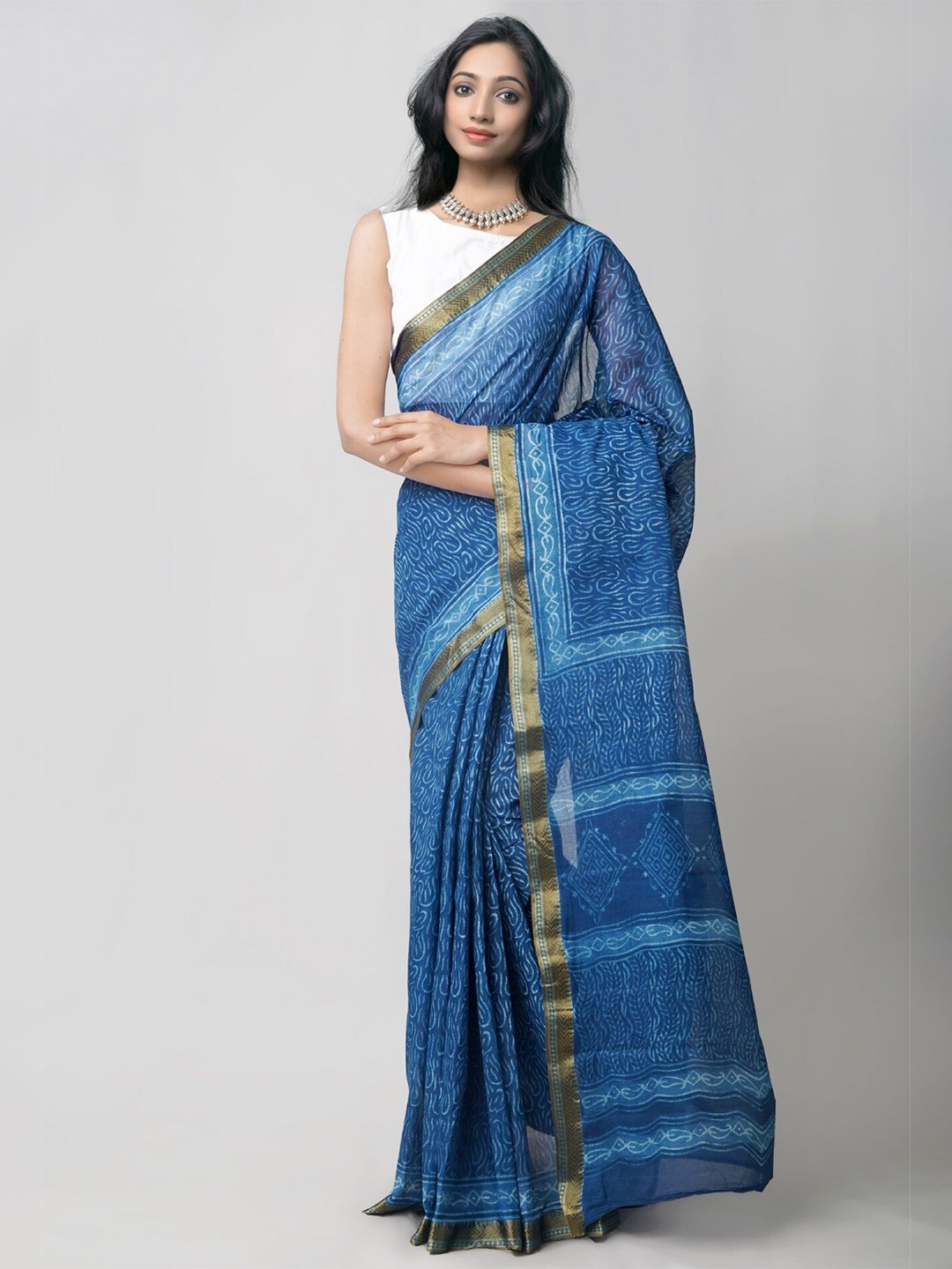 

Unnati Silks Ethnic Motifs Zari Pure Cotton Block Print Saree, Blue