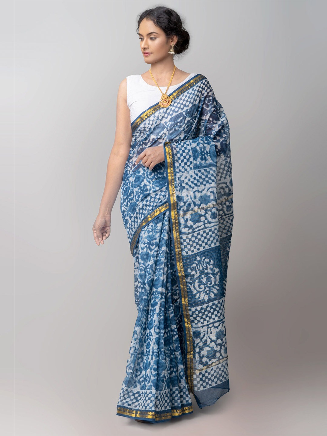 

Unnati Silks Ethnic Motif Pure Cotton Kota Zari Saree With Blouse Piece, Blue