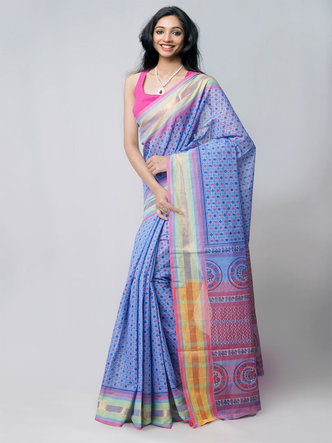 

Unnati Silks Ethnic Printed Zari Handloom Mangalagiri Saree, Blue