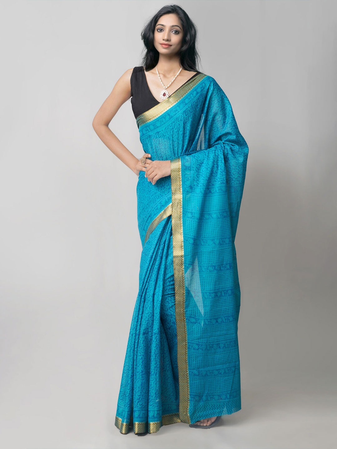 

Unnati Silks Ethnic Motifs Zari Block Print Saree, Blue