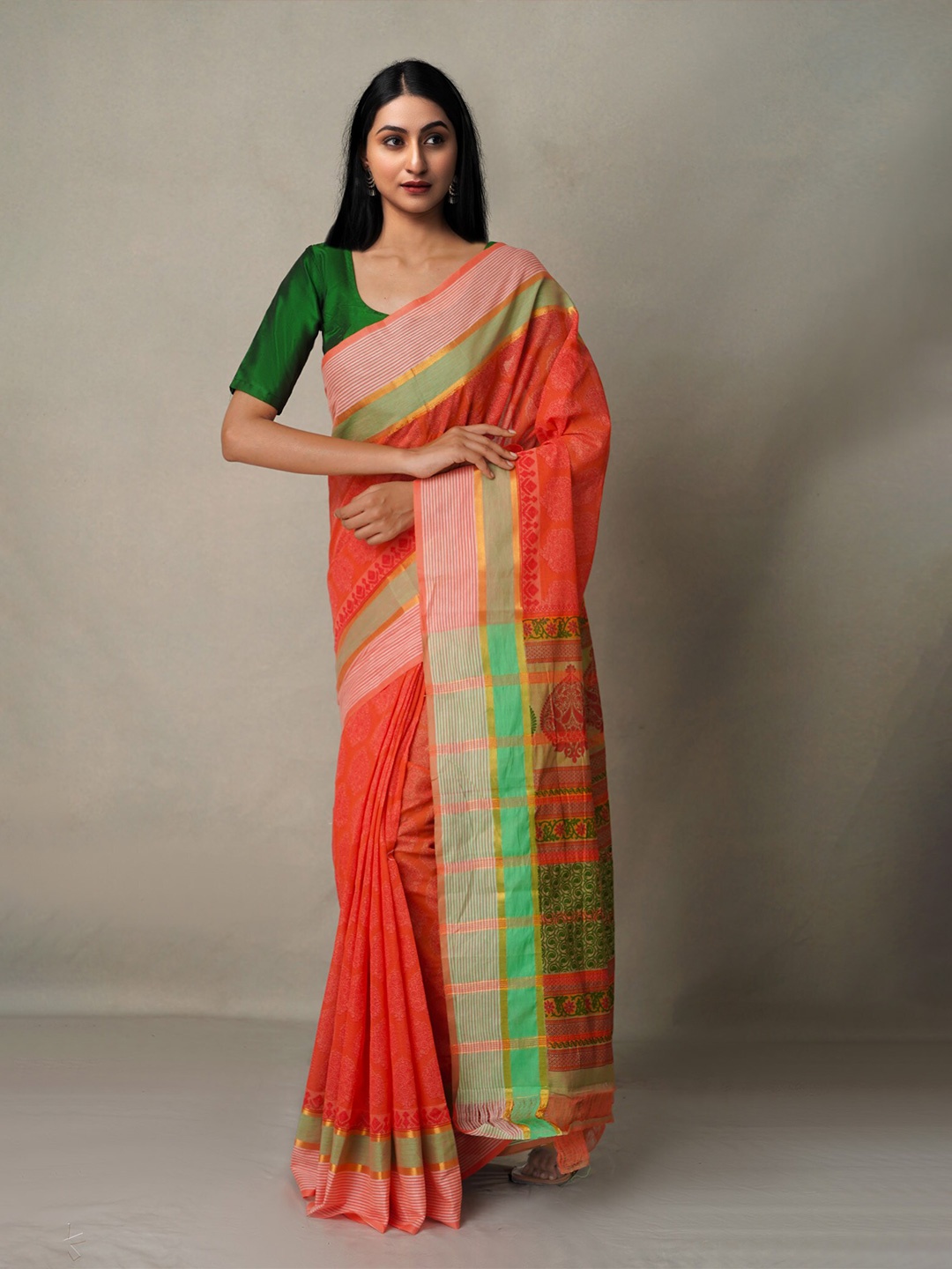 

Unnati Silks Ethnic Motif Pure Cotton Mangalagiri Zari Saree With Blouse Piece, Orange