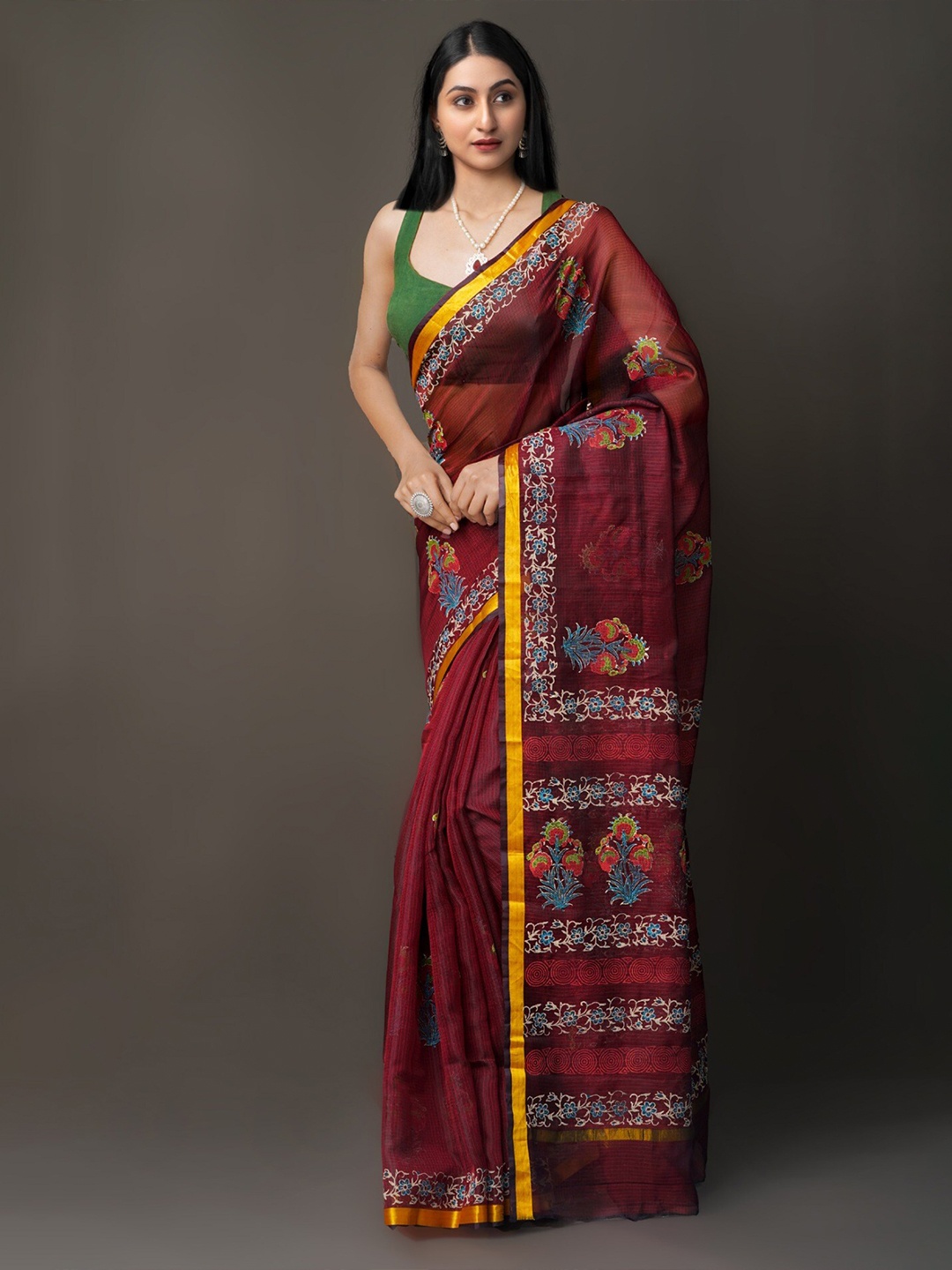 

Unnati Silks Ethnic Motifs Pure Silk Kota Zari Saree With Blouse Piece, Maroon