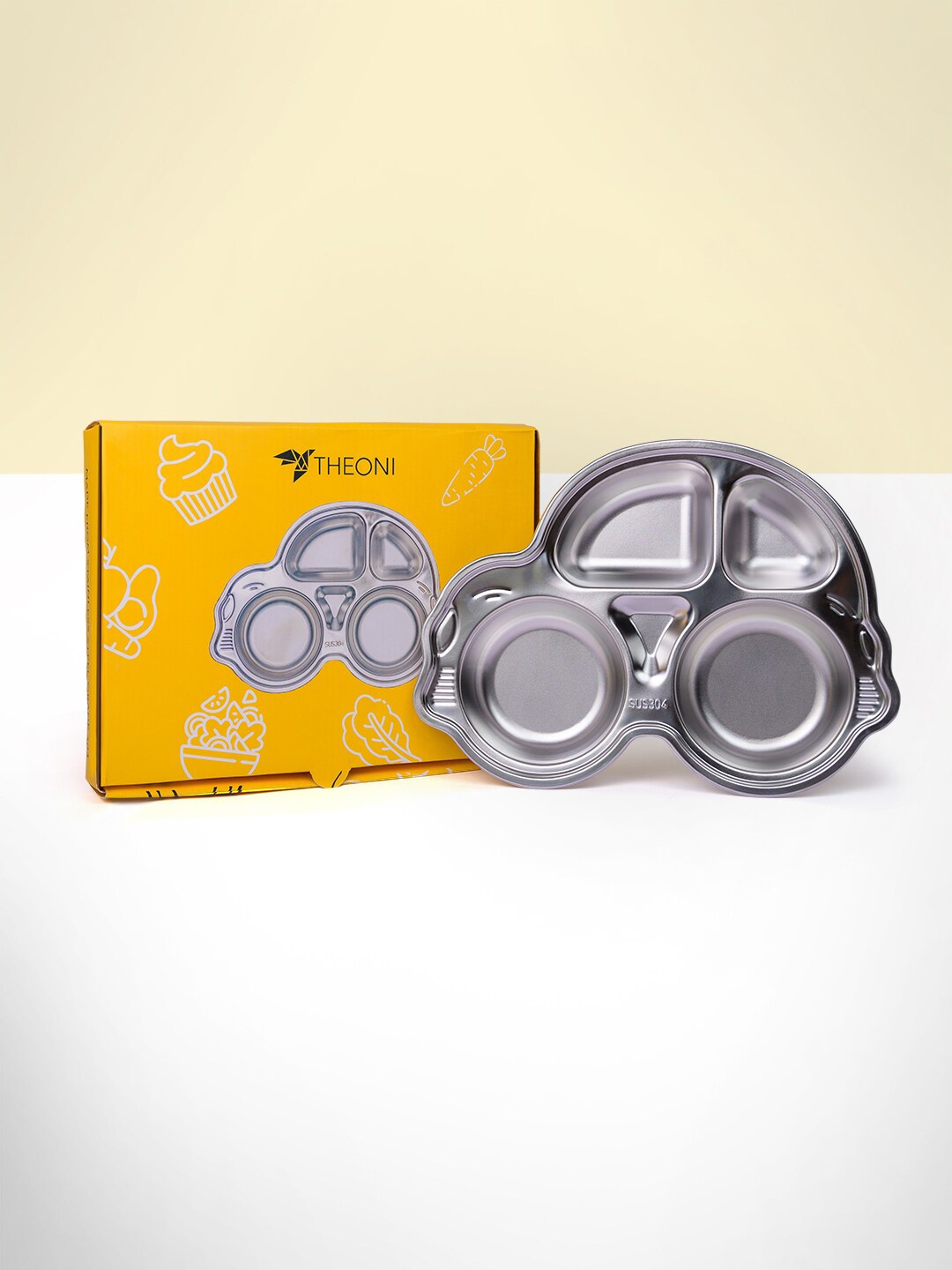 

THEONI Kids Car-Shaped Stainless Steel Matte Divided Plate, Silver