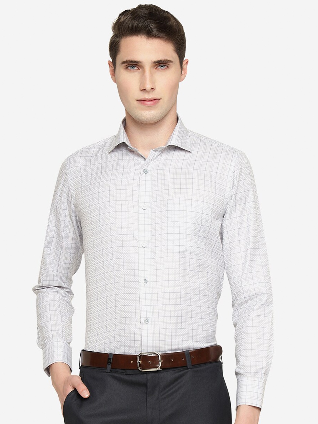 

Greenfibre Men Slim Fit Grid Tattersall Checked Opaque Formal Shirt, Grey