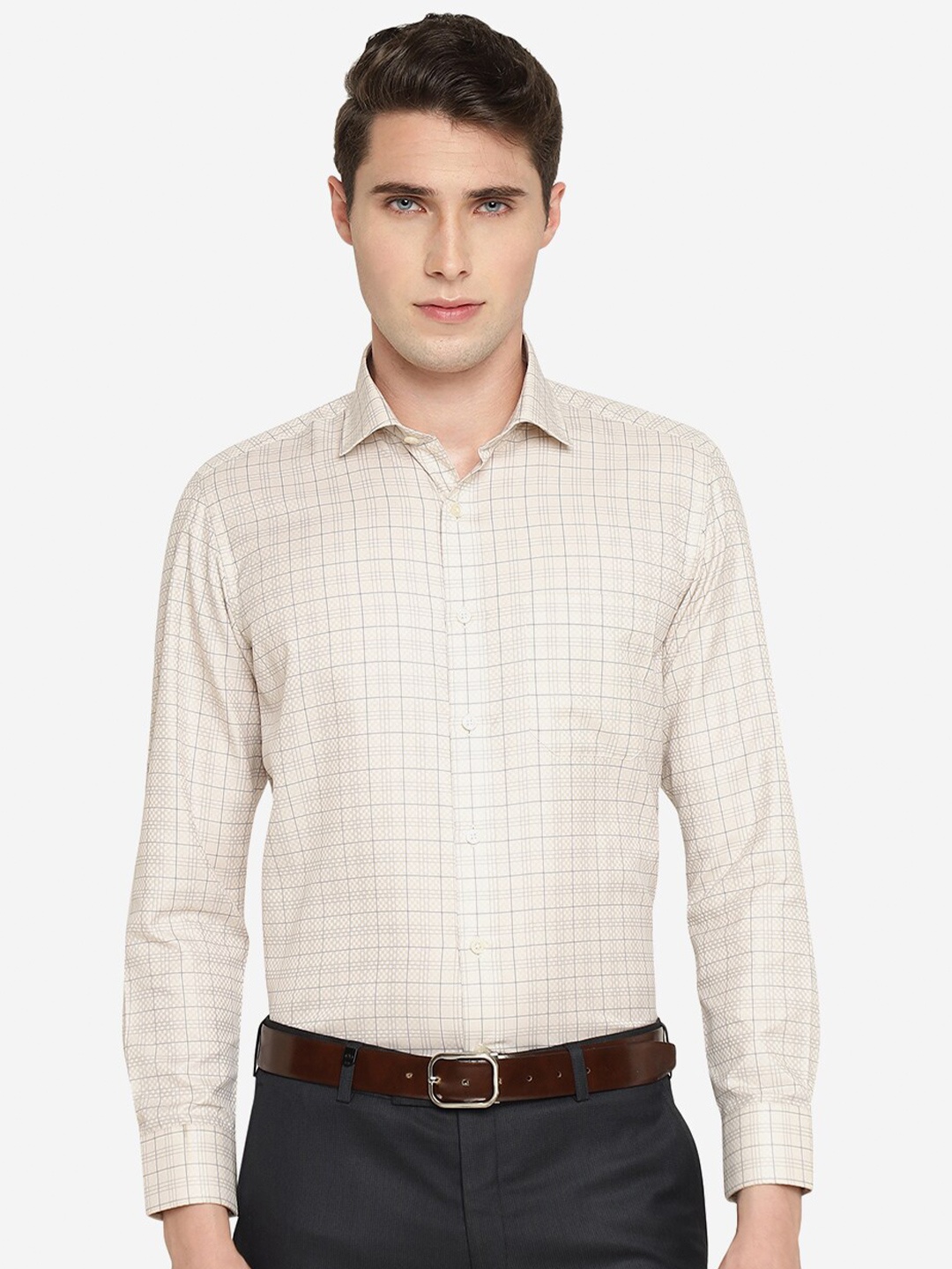 

Greenfibre Slim Fit Checked Formal Shirt, Cream