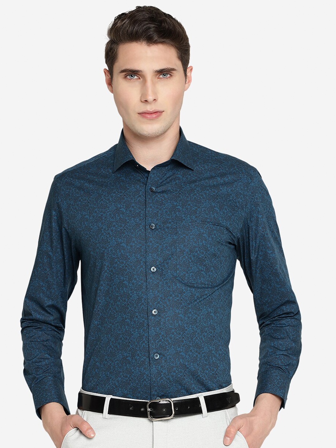 

Greenfibre Slim Fit Floral Printed Cotton Formal Shirt, Blue