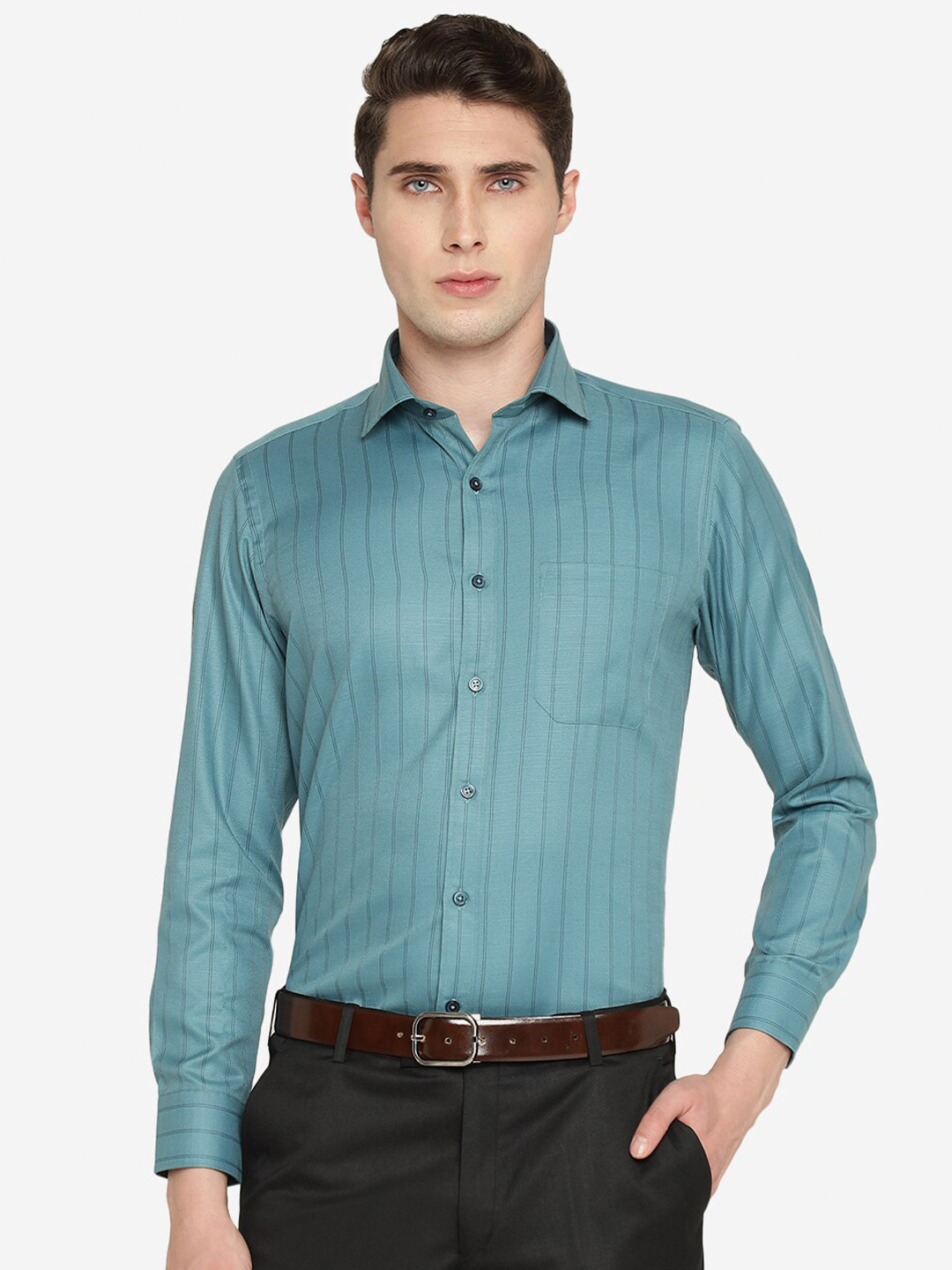 

Greenfibre Slim Fit Striped Formal Shirt, Green