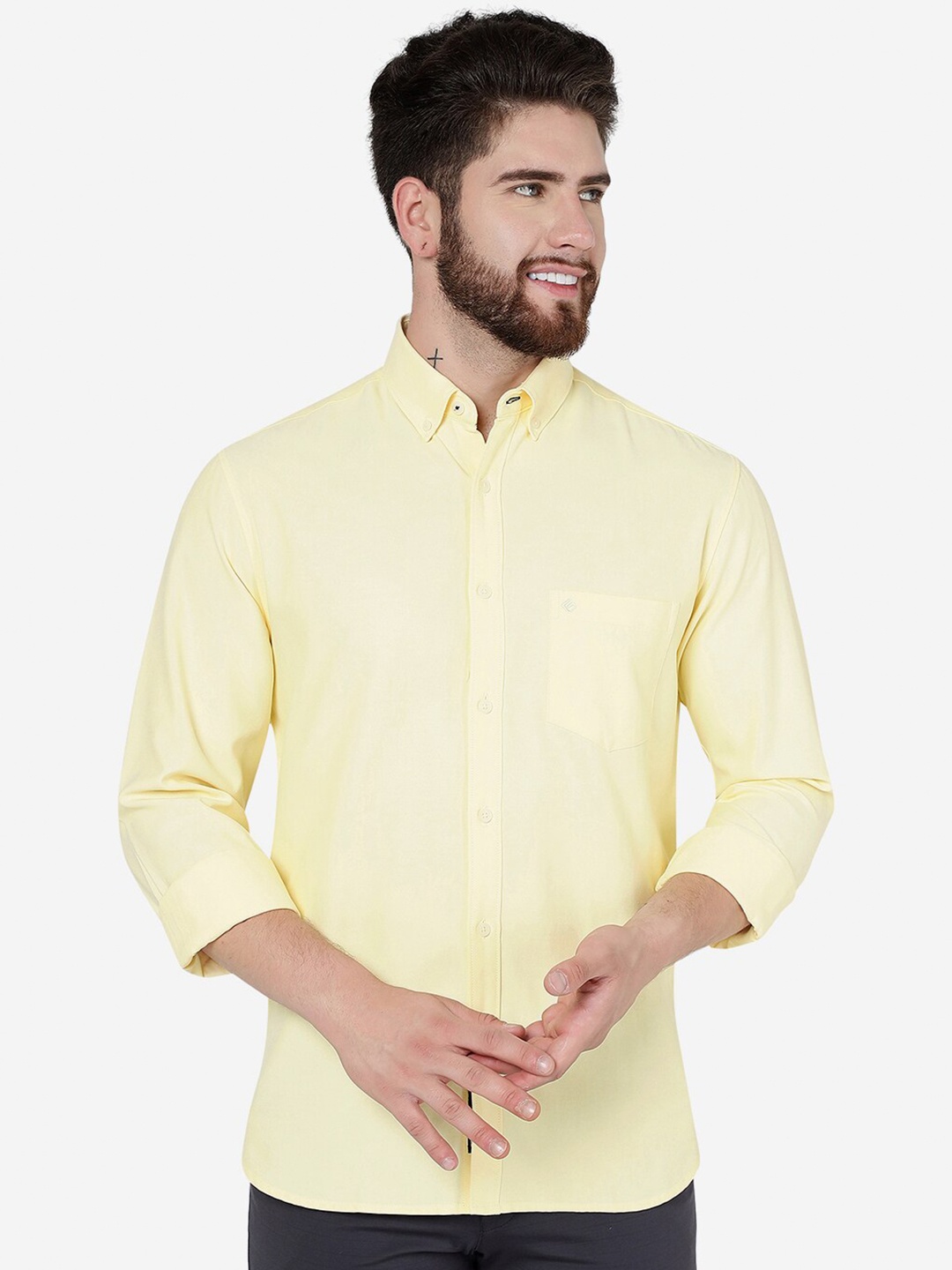 

Greenfibre Button Down Collar Slim Fit Cotton Casual Shirt, Yellow