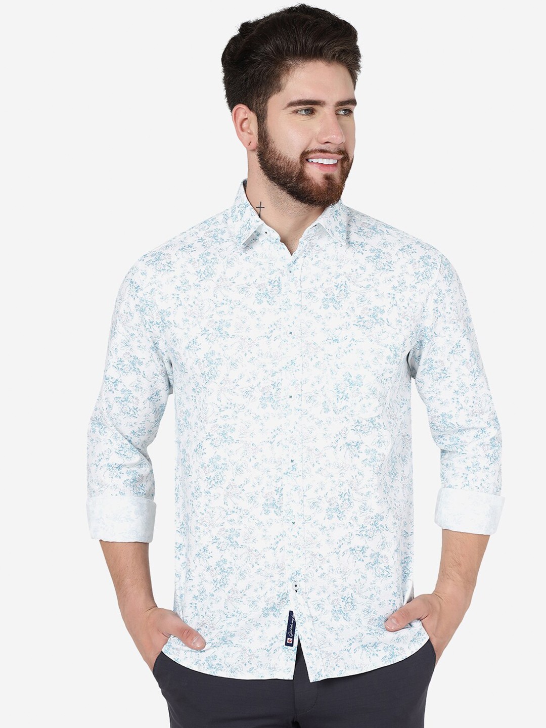 

Greenfibre Slim Fit Floral Printed Pure Cotton Casual Shirt, Blue
