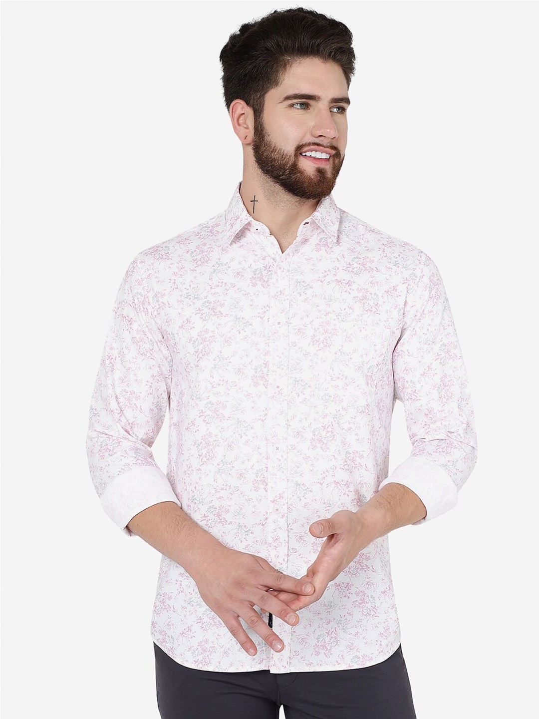 

Greenfibre Men Slim Fit Floral Opaque Floral Printed Casual Pure Cotton Shirt, Pink