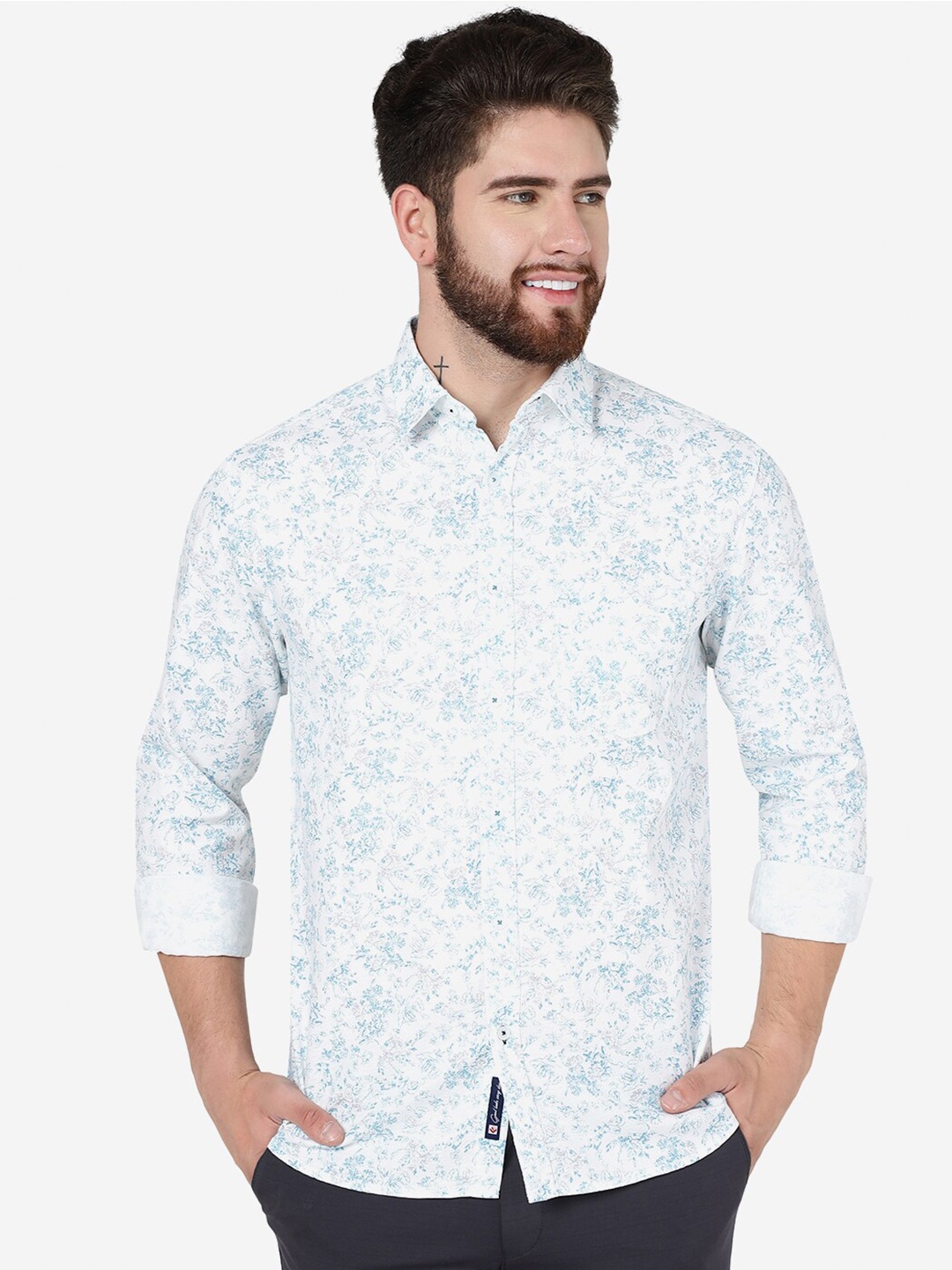 

Greenfibre Slim Fit Floral Printed Pure Cotton Casual Shirt, Blue