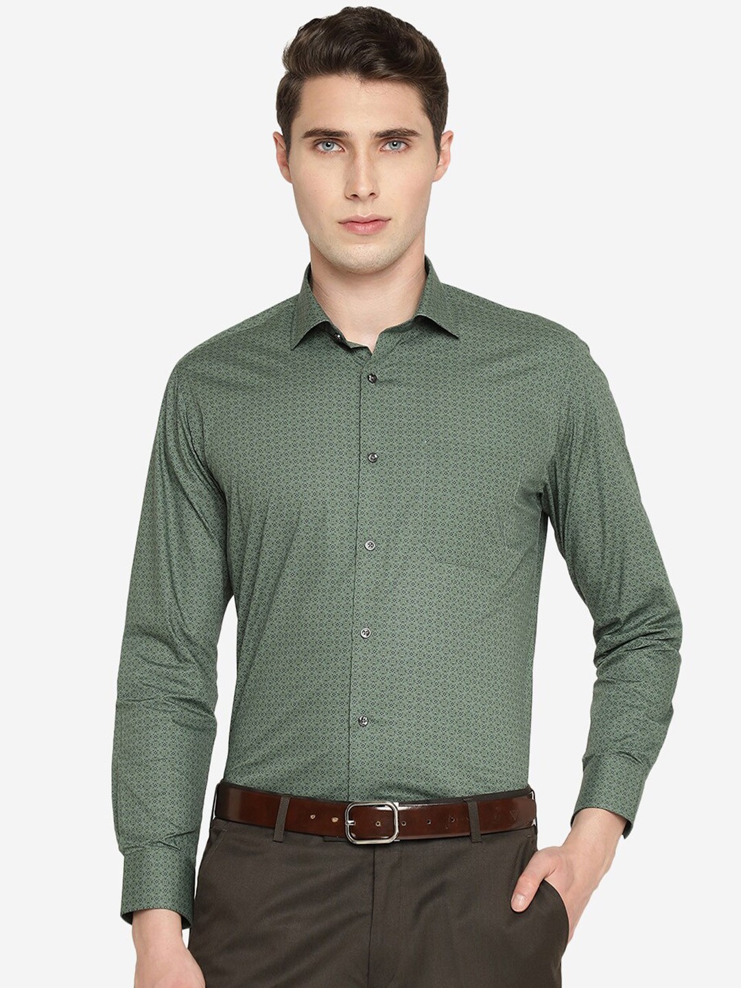 

Greenfibre Slim Fit Printed Spread Collar Formal Shirt, Green