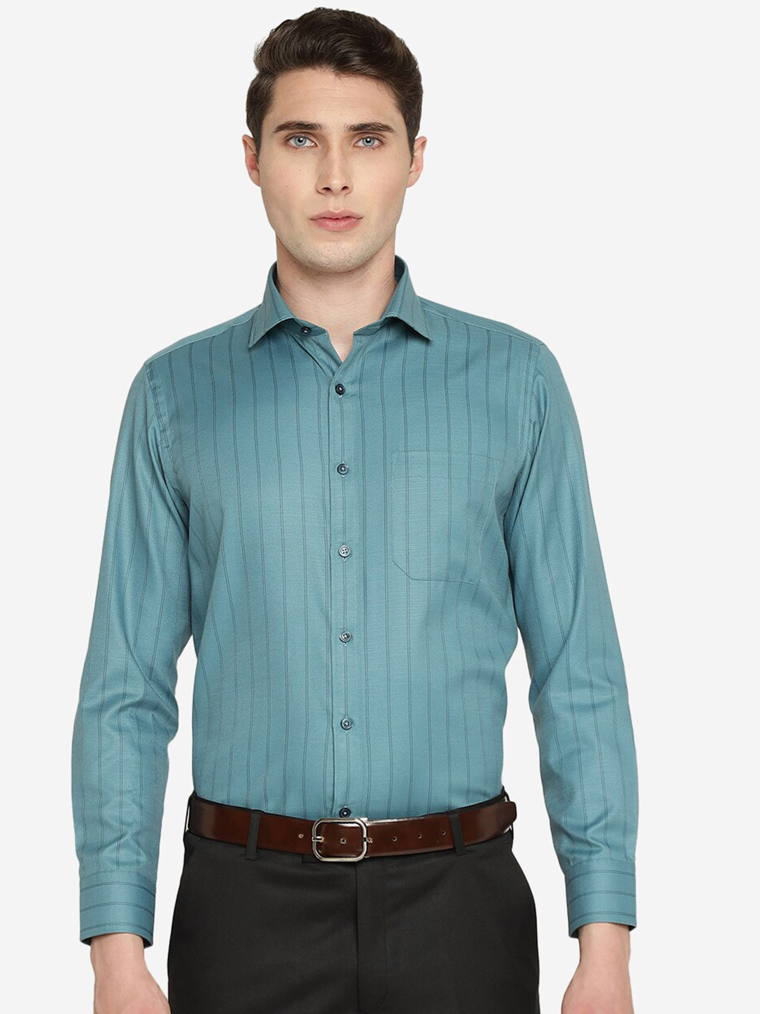 

Greenfibre Slim Fit Striped Cotton Formal Shirt, Green