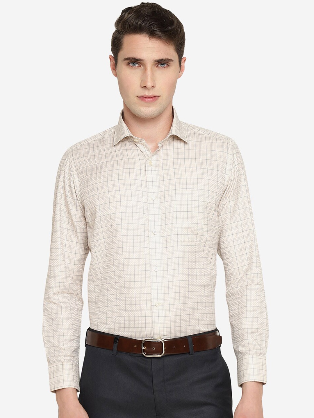 

Greenfibre Slim Fit Checked Formal Shirt, Cream