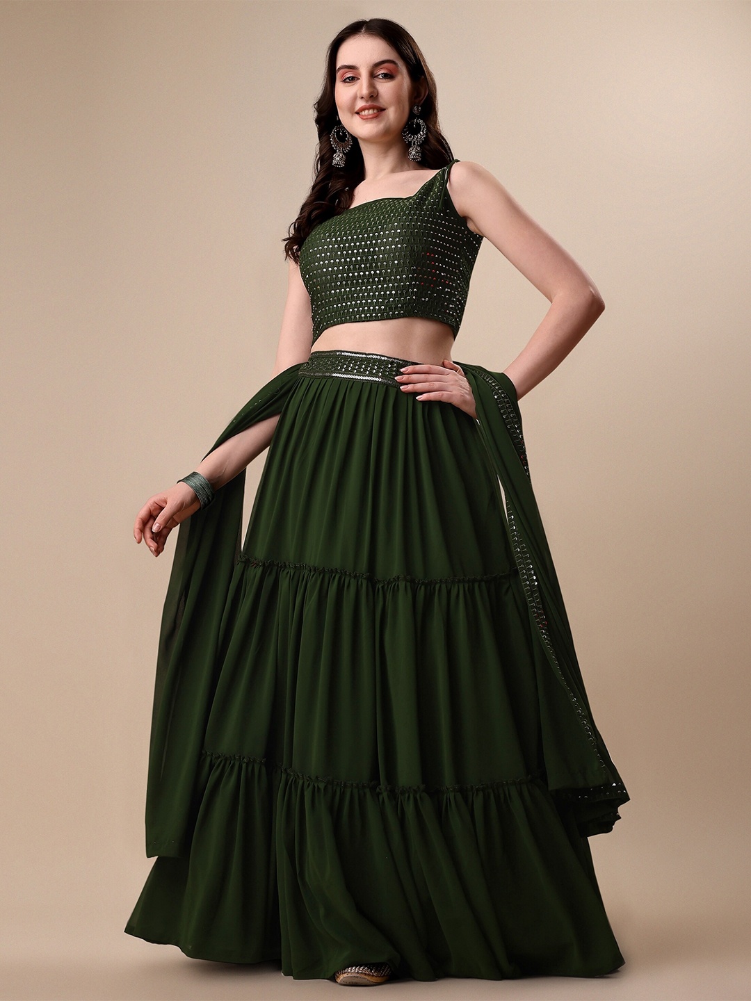 

Vaidehi Fashion Embroidered Ready to Wear Lehenga & Unstitched Blouse With Dupatta, Olive