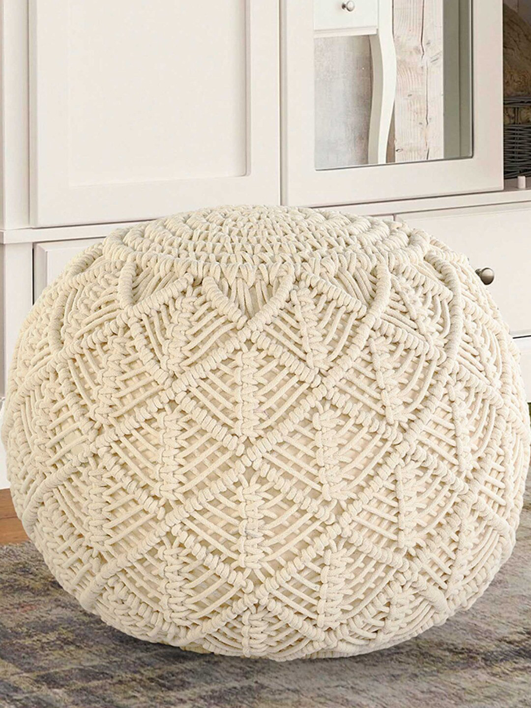 

SASHAA WORLD Cream-Colored Cotton Pouffe Ottomans