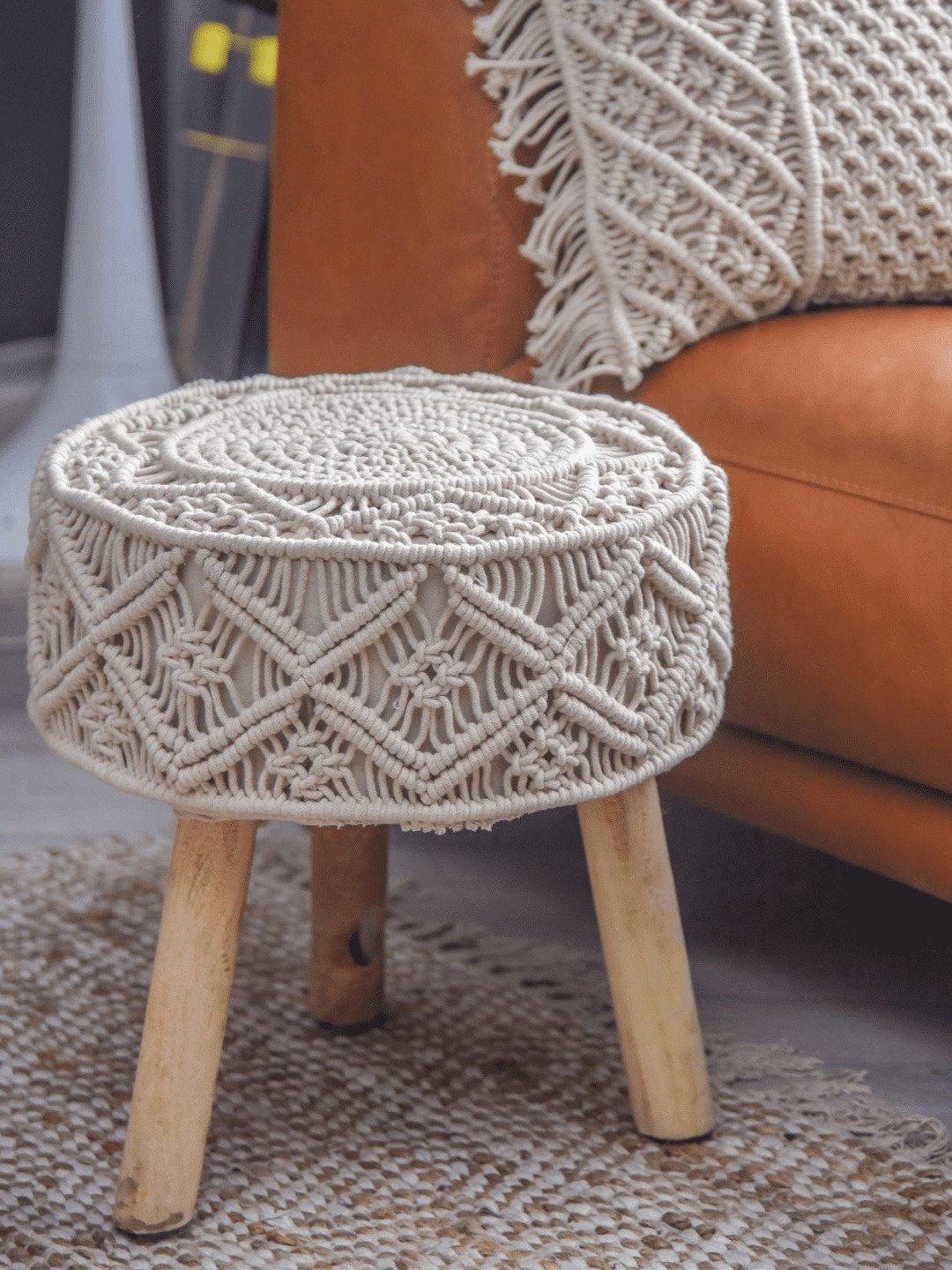 

SASHAA WORLD Cream Seat Modern Design Round Shape Ottomans