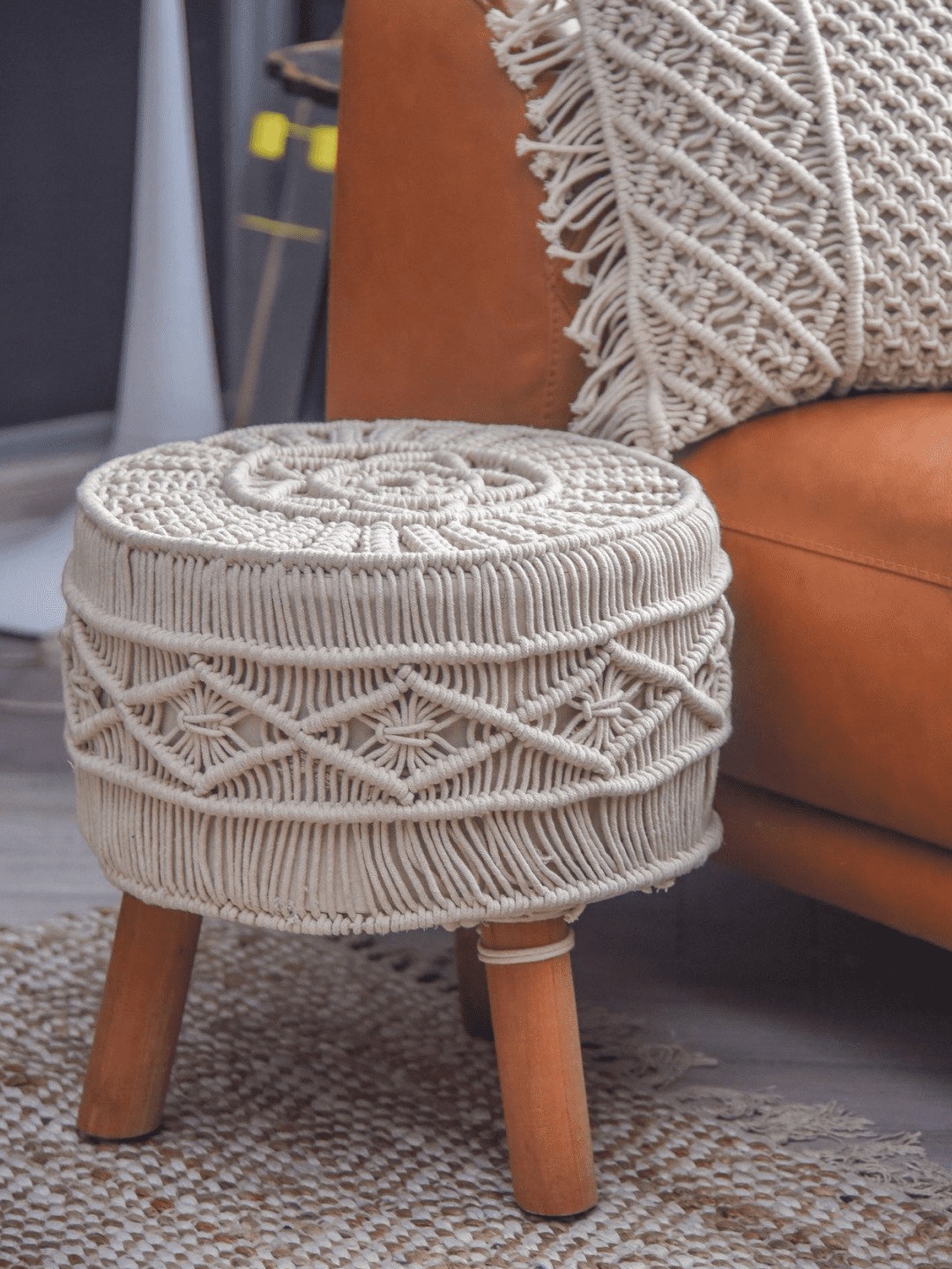 

SASHAA WORLD Cream-Colored Cotton & Wooden Round Macrame Stool Ottoman