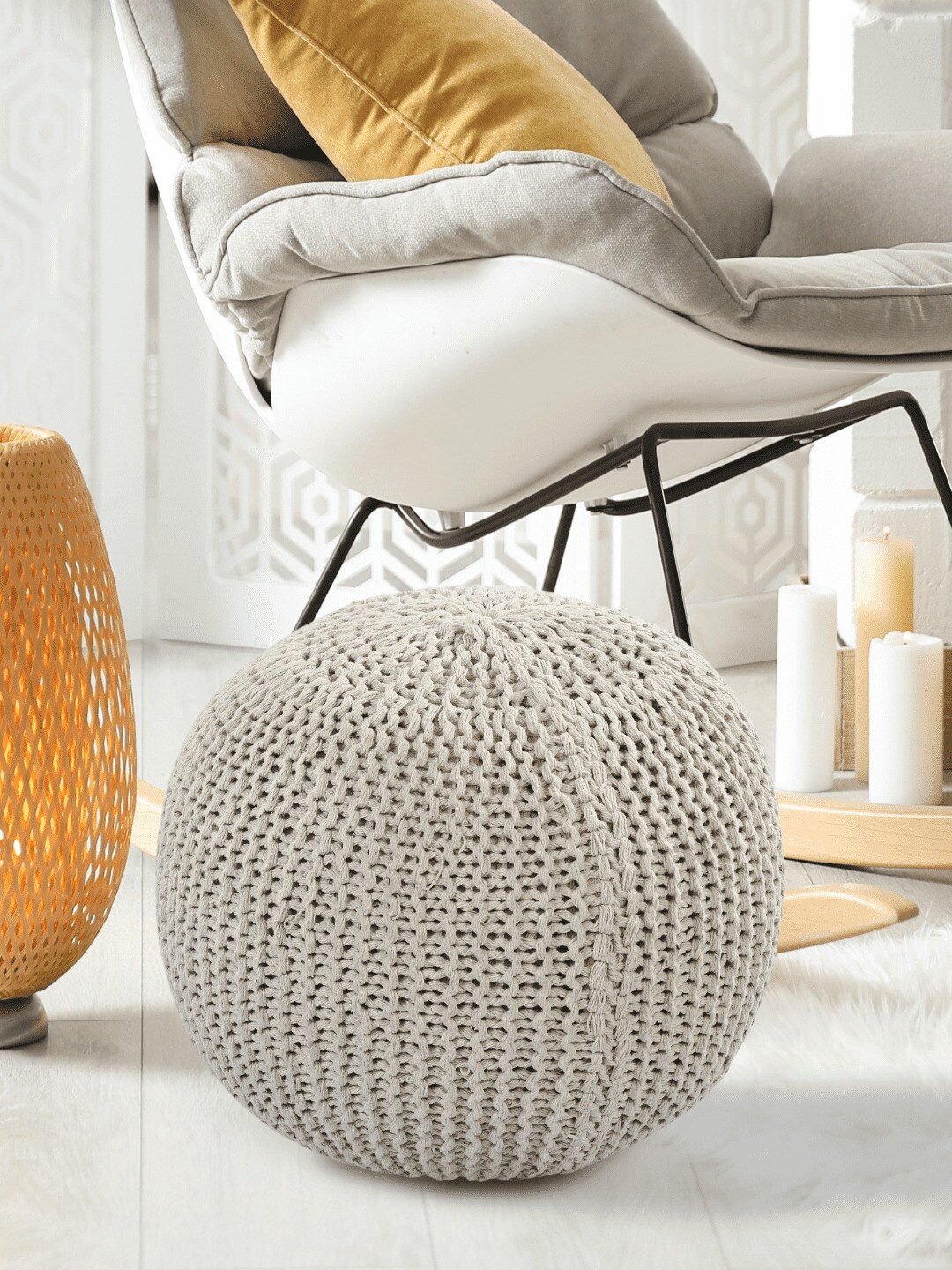

SASHAA WORLD Cream-Colored Round Knitted Pouf Ottoman