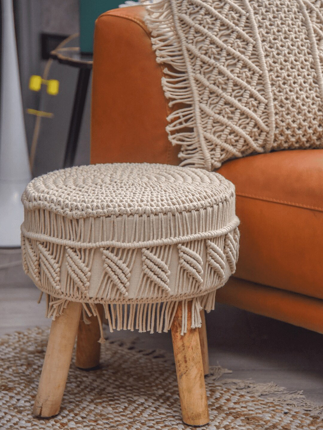 

SASHAA WORLD Cream-Colored Self-Design Natural Macrame Stool With Small Fringes Ottoman