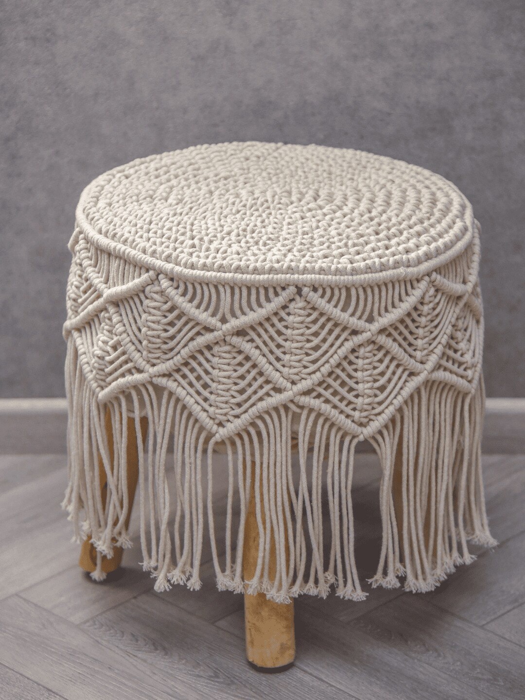 

SASHAA WORLD Cream-Colored Self-Designed With Small Fringes Cotton & Wooden Ottoman