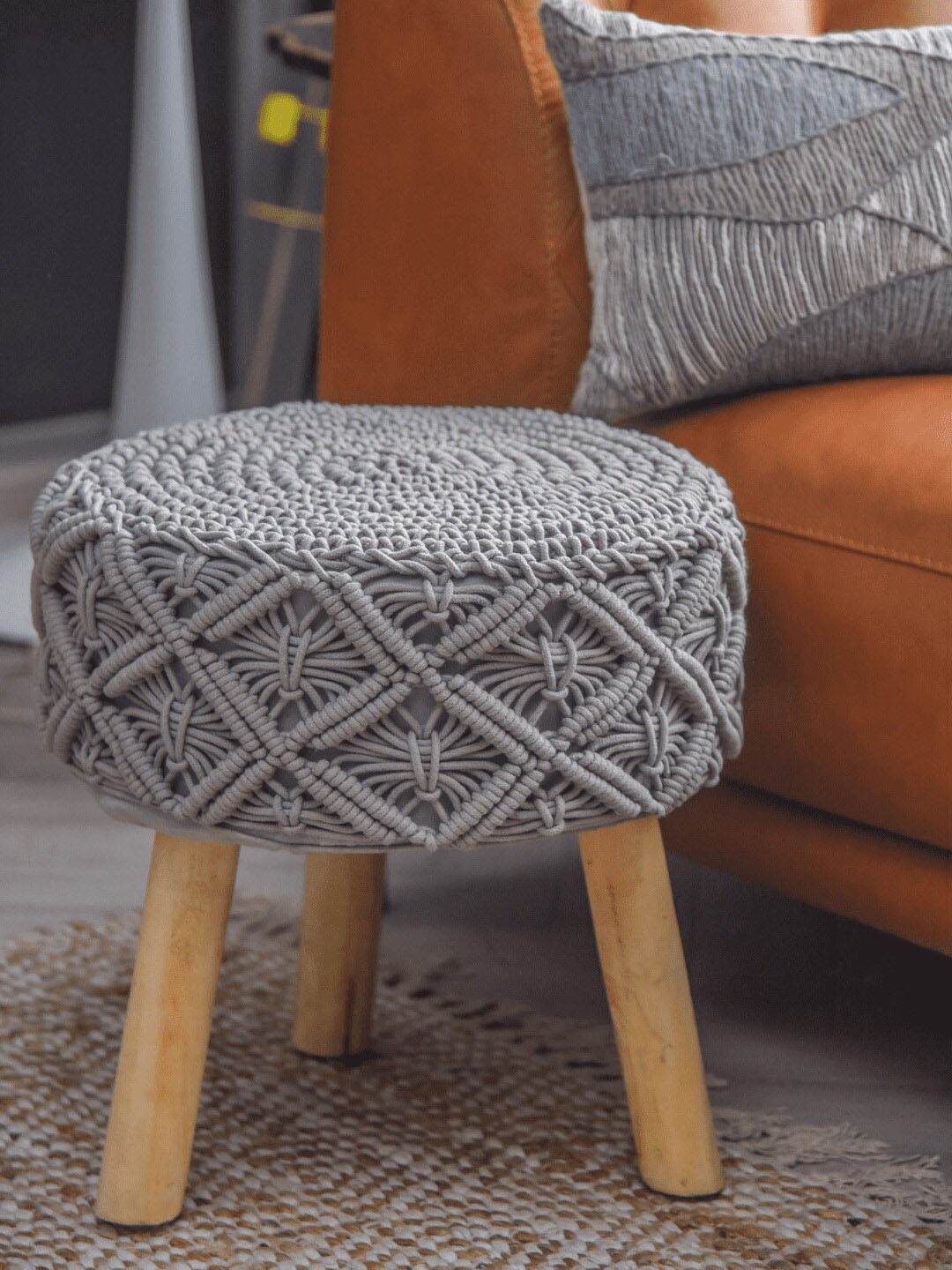 

SASHAA WORLD Grey Round-Shaped Wood & Cotton Macrame Stool Ottoman