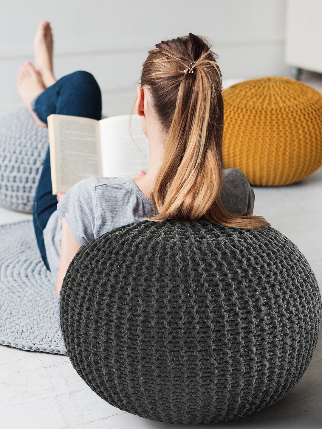 

SASHAA WORLD Grey Braided Square Cotton Foot Rest Ottoman