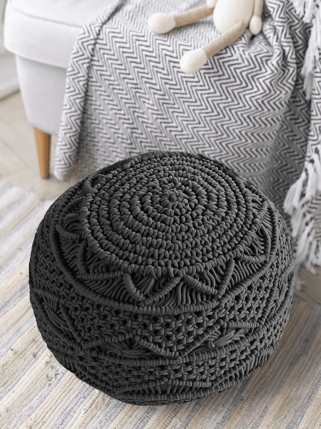 

SASHAA WORLD Charcoal Knitted Cotton Macram Pouf Ottoman