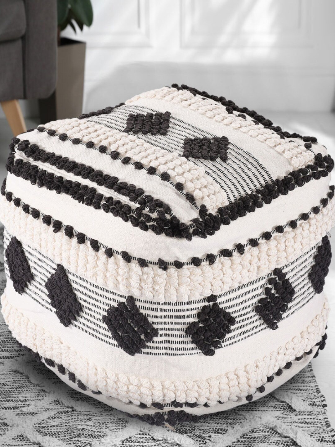 

SASHAA WORLD Black & White Woven Square Shaped Pouf Ottoman
